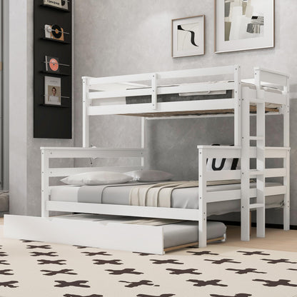Merax Twin XL Over Queen Bunk Bed Wood Detachable Bunk Bed with Trundle & Ladder, Multifunction Bunk Bed with Full Length Gardrails, No Box Spring Needed,Space Saving,White