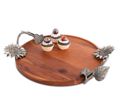 Vagabond House Acacia Wood Serving Tray with Pewter Sunflowers Handles Serving Cheese Drinks 18 inch Diameter