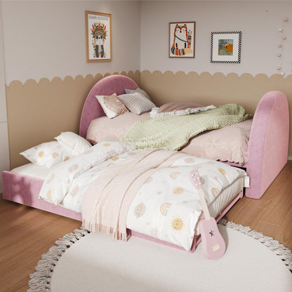Christopher Knight Home Leonhart Velvet Upholstered Twin Size Bed Frames with Headboard/Footboard, Day Bed Frame Twin with Pull-Out Functionality, Iron Frame + Wooden Slat Trundle Bed Twin, Pink