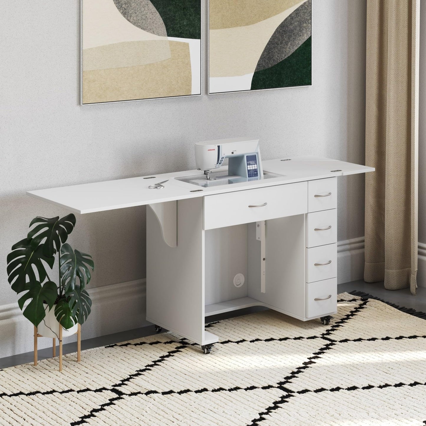 Arrow Classic Sewing Furniture Alice Compact Mid-Size Sewing Cabinet with Hydraulic Machine Lift, Drawers, Expandable Leaves, Locking Wheels - Ash White