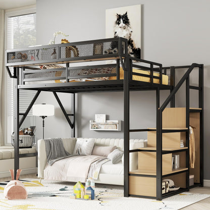 DNYN Full Size Loft Bed with Storage Shelves & Wardrobe & Staircase Design for Kids/Adults Bedroom,Sturdy Metal High Bedframe w/Safety Guardrails,Super Save Space & No Box Spring Needed, Black