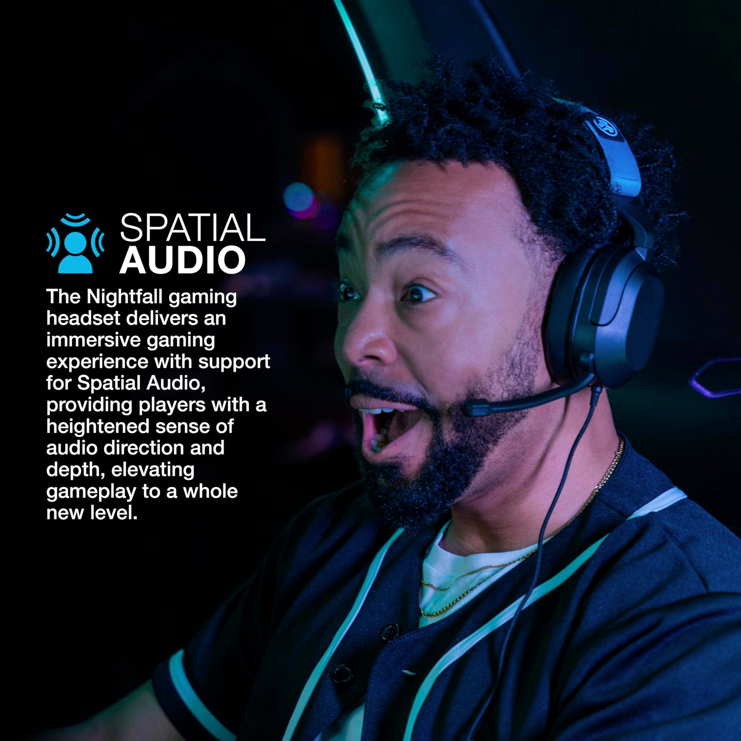 JLab Nightfall Gaming Headset with Near-Field Directional Flip-to-Mute Rotating Boom Mic, 50mm Drivers and Sound Isolating Inner Shelf, Wired 3.5mm for PC, PS5, PS4, Xbox Series X/S, Xbox one, Switch
