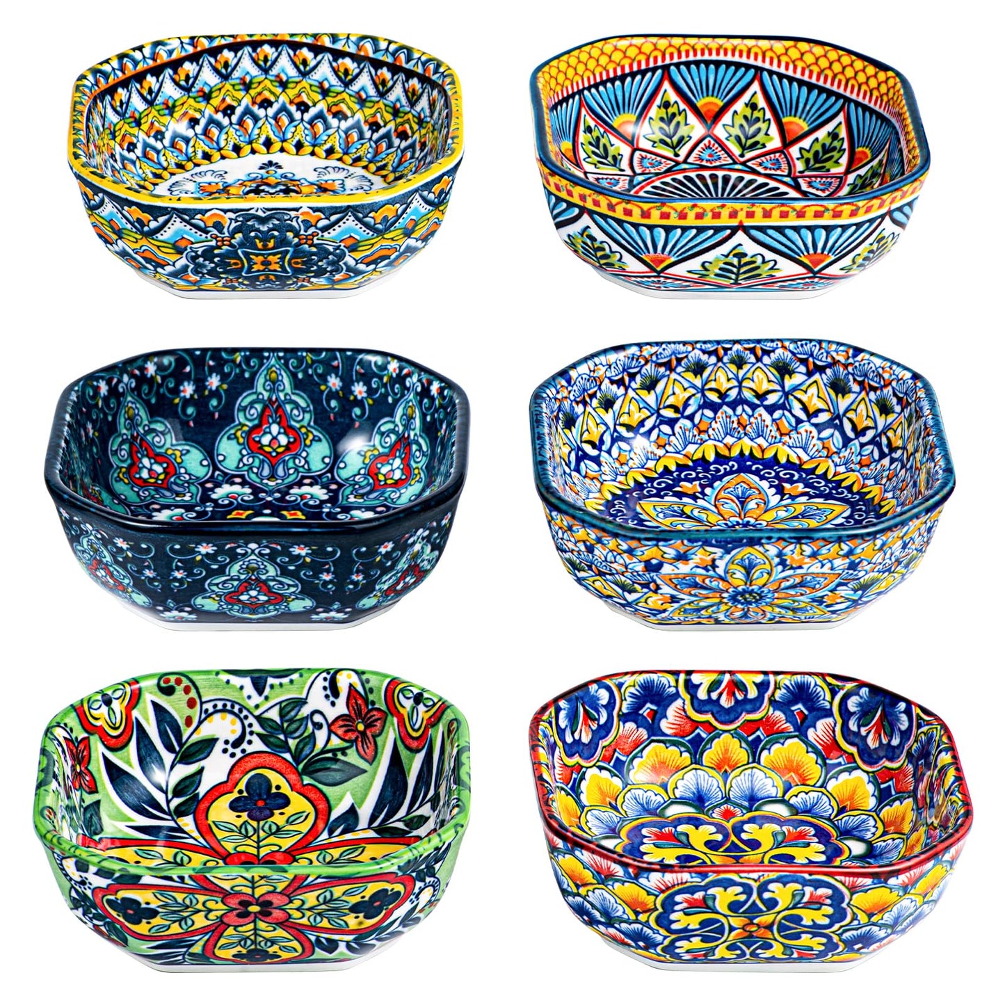 HENXFEN LEAD Boho Dipping Bowls – 8 oz Small Ceramic Snack Bowls, Square Soy Sauce Dish for Dips, Salsa, Side Dishes, Dessert – 4.3 Inch Appetizer Plates Set of 6