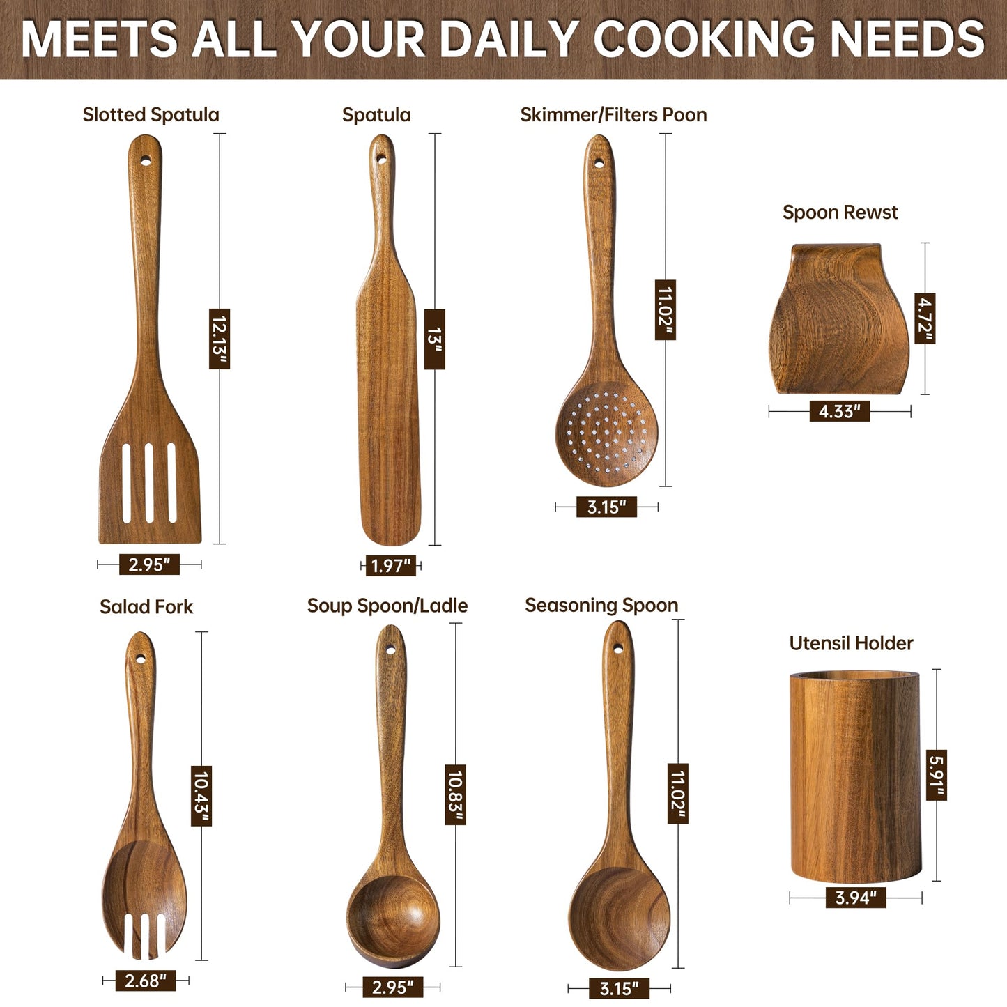 FYCTIO Wooden Utensil Set 8 PCS - Natural Non-Toxic Acacia Wooden Spoons for Cooking, Nonstick, Sturdy,Easy to Clean, Wood Kitchen Utensils Set with Holder, Spoon Rest, Ideal for Gifting