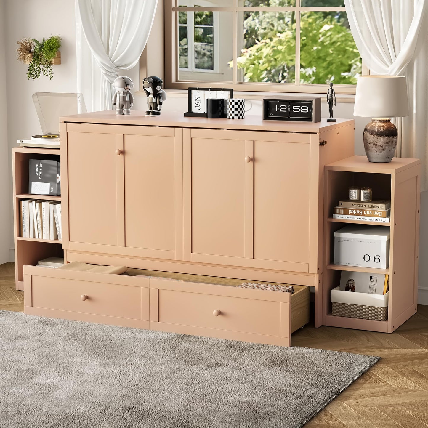 DNYN Pine Wood Murphy Bed Cabinet with Dual Multi-Layers Shelves and 2 Storage Drawers for Guest Room/Home Office, Space-Saving Foldable Bed Frame, No Box Spring Needed