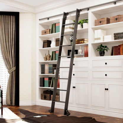 DIYHD 96" Sliding Library Ladder with 8 Steps, Telescopic Top Hook, Lightweight Rolling Ladder with Upright Space-Saving Storage, Kit with 4FT Sliding Rail, Bottom Rollers, 300lbs Capacity, Black
