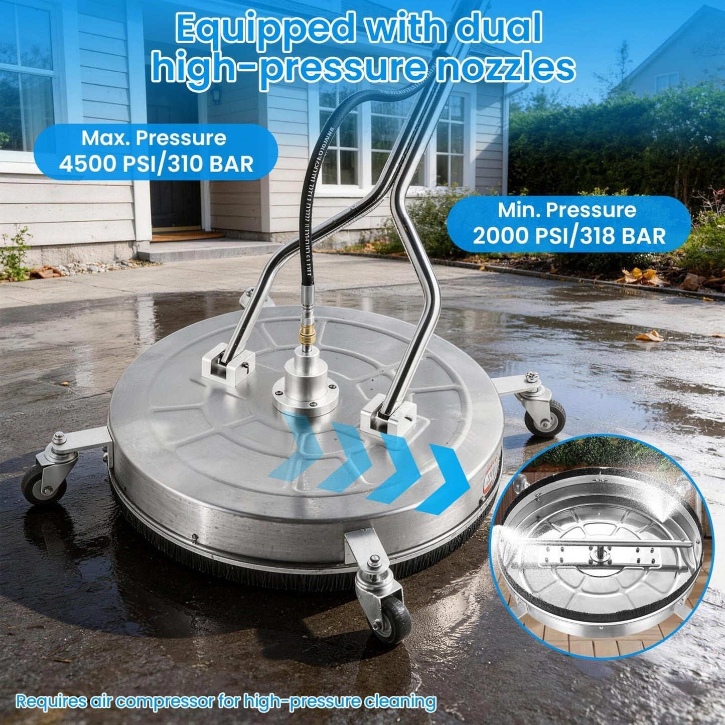 24''Pressure Washer Surfaces Cleaner, 4500PSI Stainless Steel Surfaces Cleaner Attachment with Wheels, Power Washer Accessory for Driveway Sidewalk Curb Deck Patio Cleaning, 3/8'' Quick-Connect