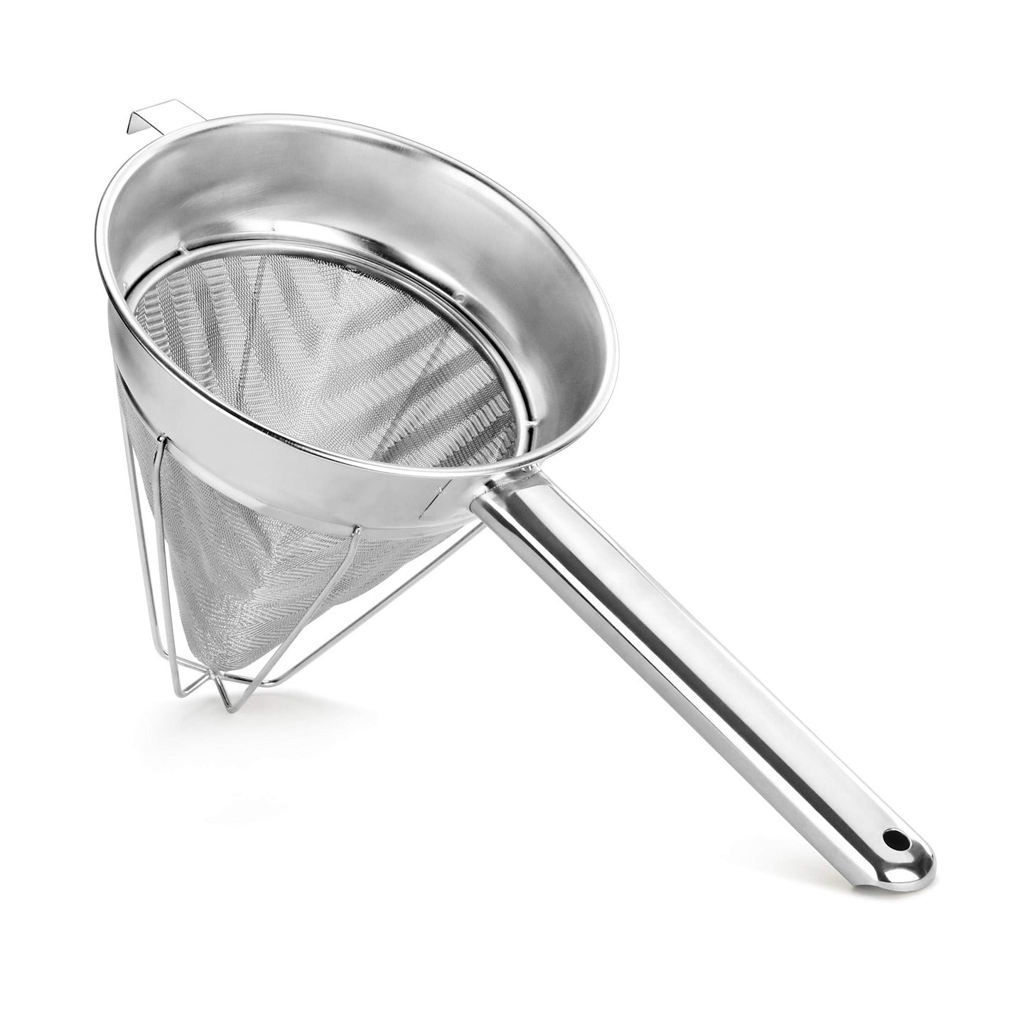 New Star Foodservice Reinforced Bouillon Strainer, 8-Inch, Fine Mesh, 18/8 Stainless Steel, Commercial Kitchen Strainer for Stocks, Sauces, Soups, and Purees