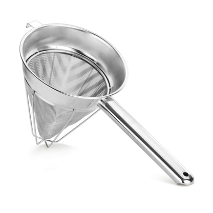 New Star Foodservice Reinforced Bouillon Strainer, 8-Inch, Fine Mesh, 18/8 Stainless Steel, Commercial Kitchen Strainer for Stocks, Sauces, Soups, and Purees