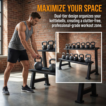 Kettlebell Storage Rack, 2-Tier Dumbbell and Kettlebell Rack for Home Gym Storage, Black Steel Construction, 39 x 18.5 x 25 Inches