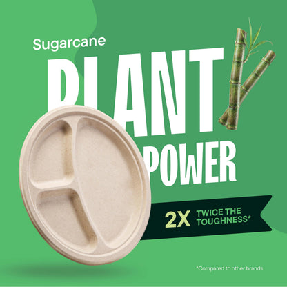 100% Compostable, 3 Compartment, Disposable Paper Plates [125-Pack] - {PFAS Free} - {BPA Certified} - [10 Inch] Heavy Duty Biodegradable Bagasse Sectional Lunch Trays + Dividers - Divided Platte Tray