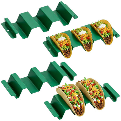Junverelle 4 Pack Stainless Steel Taco Holder Stand, Integrated Molded Taco Rack with Hanging Hole, Oven & Grill Compatible Taco Shell Holder for 2 or 3 Tacos, Dishwasher Friendly, Green