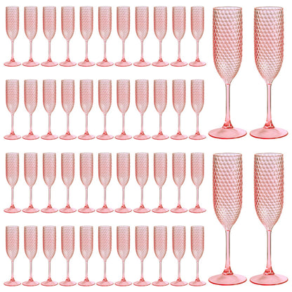 Pesonlook 48 Pack Plastic Champagne Glasses Pink Reusable Diamond Crystal Clear Wine Glasses Diamond Wine Cups Vintage Drinking Glasses for Wedding Reception, Grand Event Party Supplies