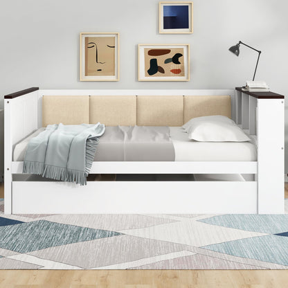 Ball & Cast Daybed with Trundle,Wood Full Size Daybed W/Storage Shelves and Upholstered Backrest & USB,Space Saving,No Box Spring Needed,Bedroom for Student Dorms,White