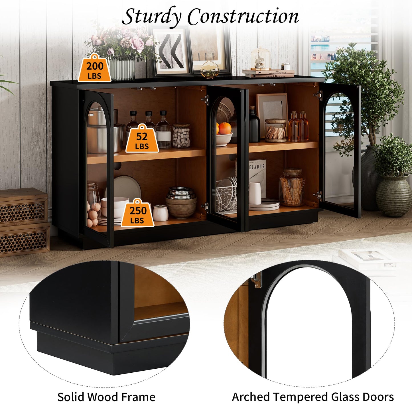 Merax 4-Door Large Storage Buffet Cabinet with Arched Glass Doors and Adjustable Shelves for Kitchen, Dining Room and Living Room