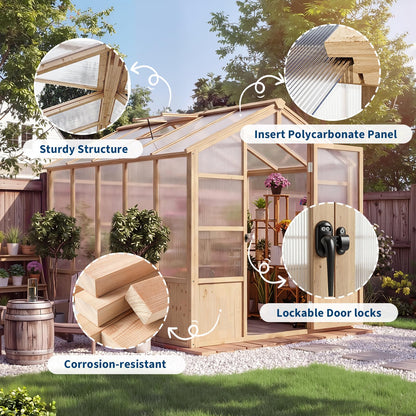 Wooden Greenhouse Kit with 4mm Polycarbonate Panels & 2 Adjustable Ventilation - Heavy Duty Wood Large Outdoor Greenhouse with Lockable Door for Garden, Backyard, Patio, Lawn Walk-in Green House