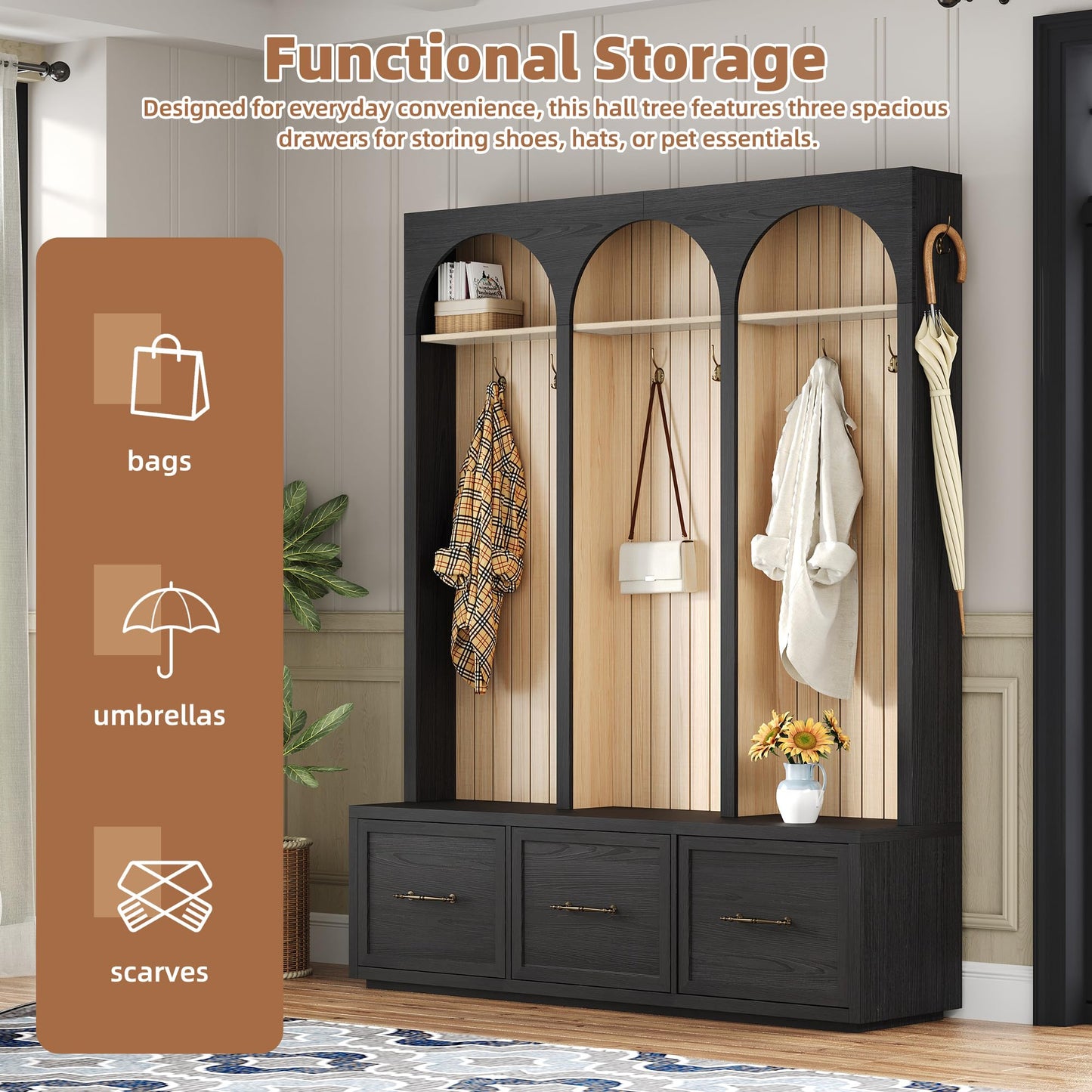 Ball & Cast Farmhouse Hall Tree with Bench, 59" Entryway Storage Bench with Arched Design, 8 Metal Hooks, 3 Drawers Shoe Organizer, Wooden Style Coat Rack for Living Room, Black