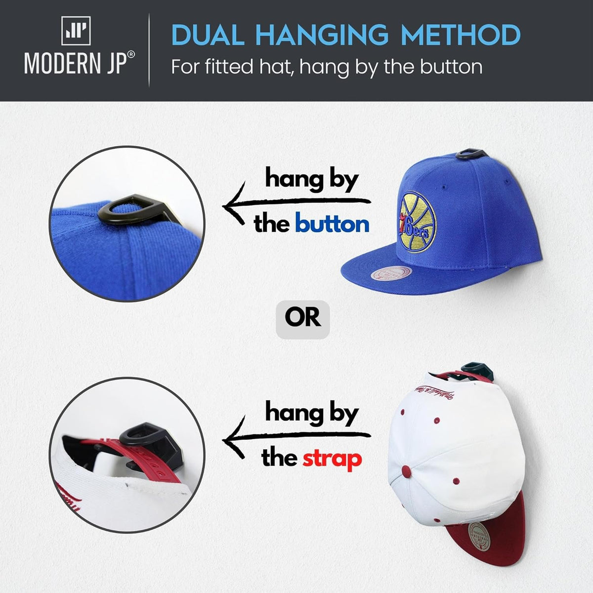 Modern JP Hat Hooks - Strong Adhesive Wall Rack for Baseball Caps | 16-Pack, Minimalist Design, Black