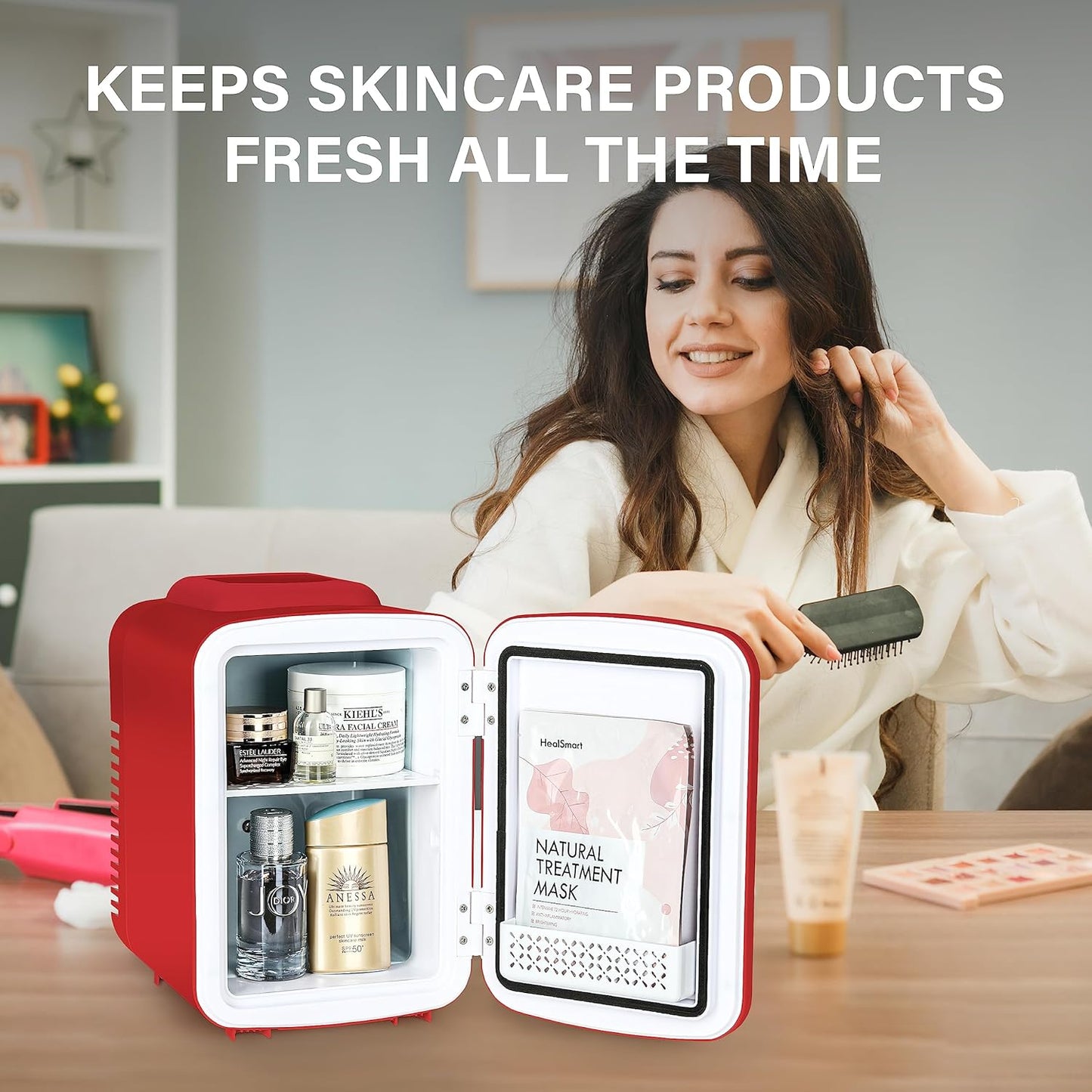 Simple Deluxe 4L Portable Mini Fridge, Compact Cooler & Warmer for Skincare, Food, Beverages, Red