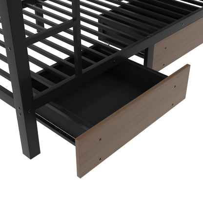 DNYN Modern Metal Bunk Bed Frame with Storage Shelves and USB Ports for Teens/Adults Bedroom, Space-Saving Twin Size Bed with LED Strip and 2 Drawers, No Box Spring Needed & Easy Assemble