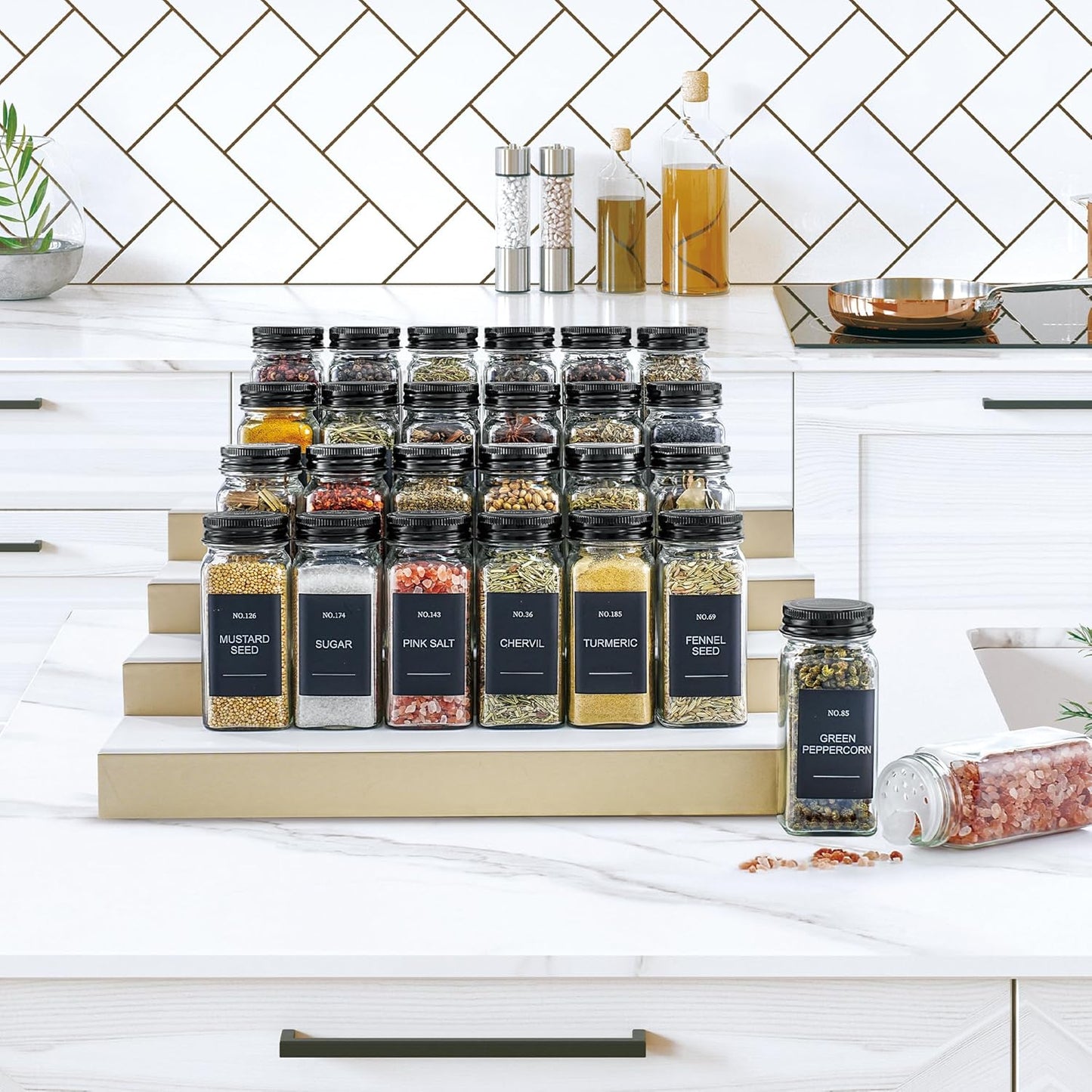 Spice Jars, 24 Pcs 4oz Seasoning Jars with Label, Glass Jars with Shaker Lids, Spice Containers Bottles with Pepper Grinder & Stainless Steel Funnel for Seasoning Organizer, Cabinet, Drawer