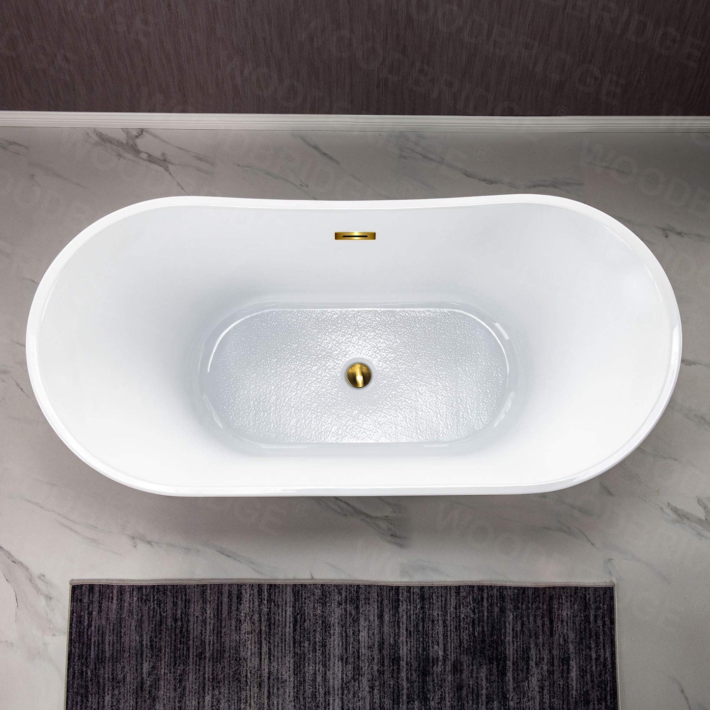 WOODBRIDGE 59" Acrylic Freestanding Bathtub Contemporary Soaking White Tub with Brushed Gold Overflow and Drain,BTA1516 BG