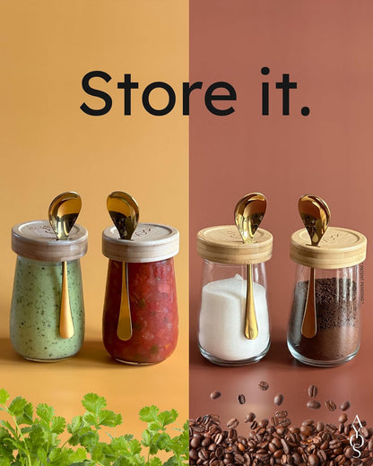 16 oz 4 pack Premium Overnight Oats Containers with Bamboo Lids and Golden Spoons - Glass Jars - - Plastic Free