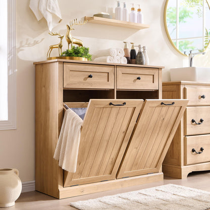 IFGET Double Tilt Out Trash Cabinet, 20 Gallon Farmhouse Laundry Hamper Cabinet with 2 Drawers, Hidden Wooden Trash Can Cabinets with Storage Basket for Kitchen, Living Room (Natural)