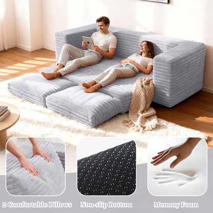 Kasunpul 62" Convertible Sofa Bed, 4 in 1 Folding Couch Bed with Corduroy Fabric & 2 Pillows, Pull Out Floor Couch for Living Room, Bedroom, Apartment (Light Grey)