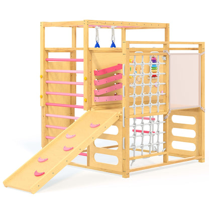9-IN-1 Outdoor Indoor Jungle Gym, Montessori Wooden indoor playground for kids 2-8, Wooden Climbing Structure with Slide, Monkey Bars, Rope Ladder, Rock Wall, Climbing Net, Rings - Natural Wood Pink