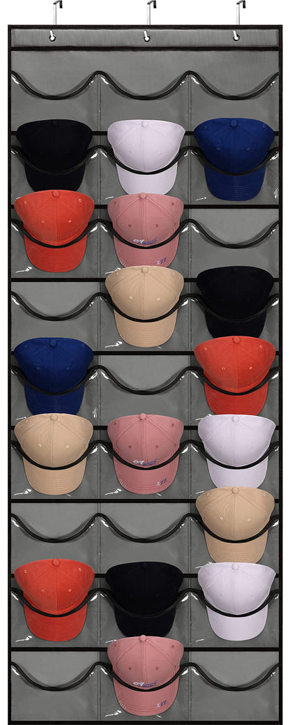 27 Pockets Hat Rack For Baseball Caps Hanging Hat Organizer Over The Door Hat Storage Organizer For Closet Wall With Large Clear Pockets & 3 Hooks Caps Hat Holder Hanger for Baseball & Sport Caps