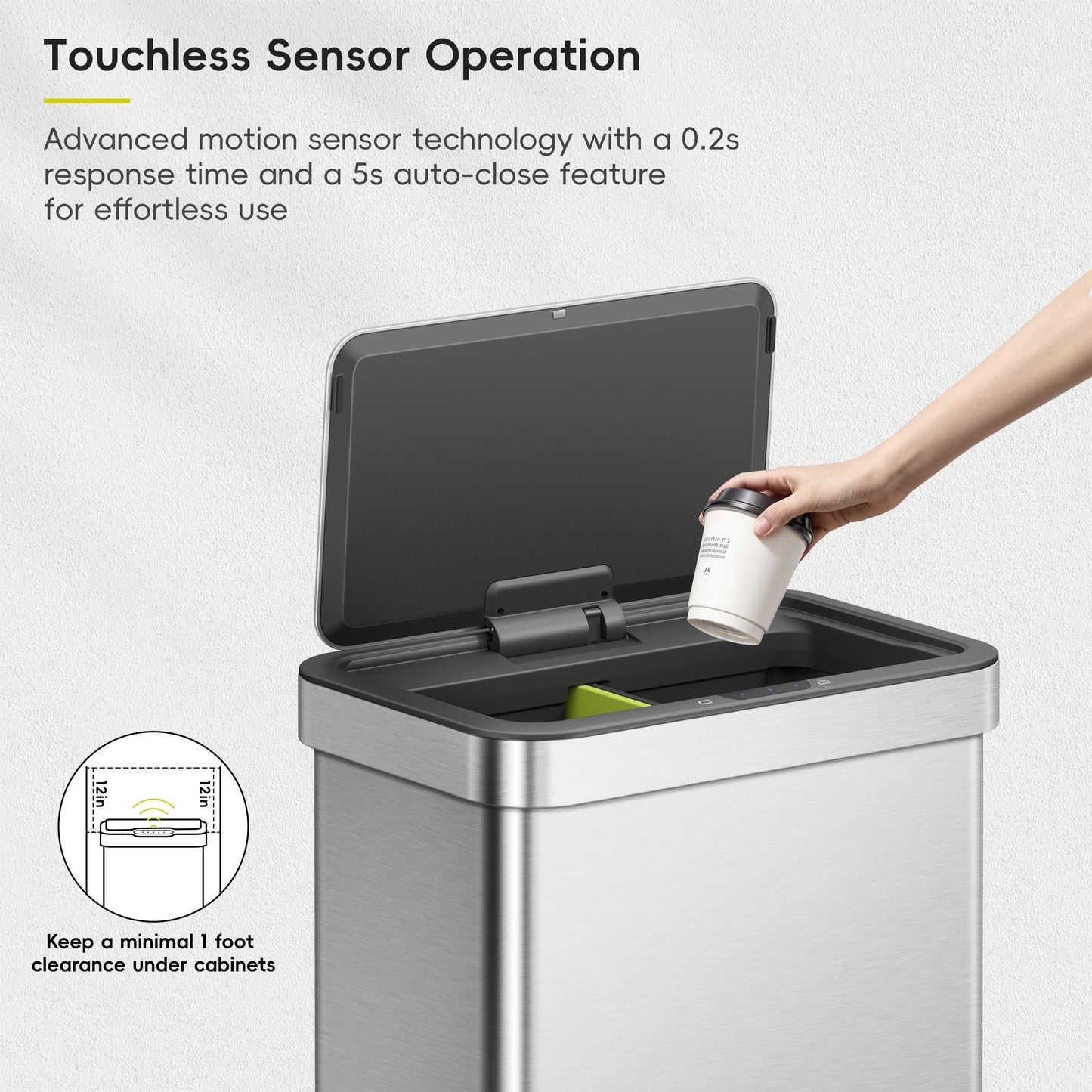 EKO Econova 30L+30L Dual Compartment Motion Sensor Trash Can, 16 Gallon Automatic Kitchen and Recycling Bin, Soft-Close Lid, Fingerprint-Resistant Stainless Steel Garbage Bin, 2 Inner Buckets