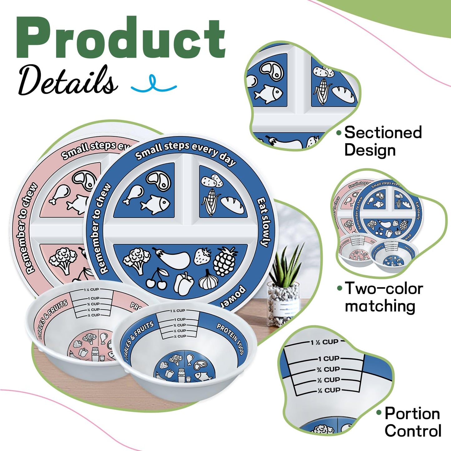 Viynran 4 Pcs Portion Control Plates & Bowls Set (2 Plates + 2 Bowls, 9 Inch) - Self-Measuring for Weight Loss, Gastric Bypass, LapBand, Diabetes & Healthy Diets, Pink & Blue, for Adults & Children