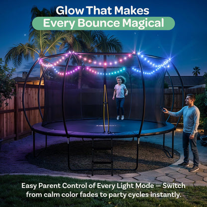 JoyBerri Trampoline Outdoor - Upsurge ASTM Certified Safe 8Ft 10Ft 12Ft 14Ft 15Ft 16Ft Recreational Trampoline for Kids and Adults. Anti-Rust Coating with Enclosure Net, Ladder, Sprinkler & LED Lights