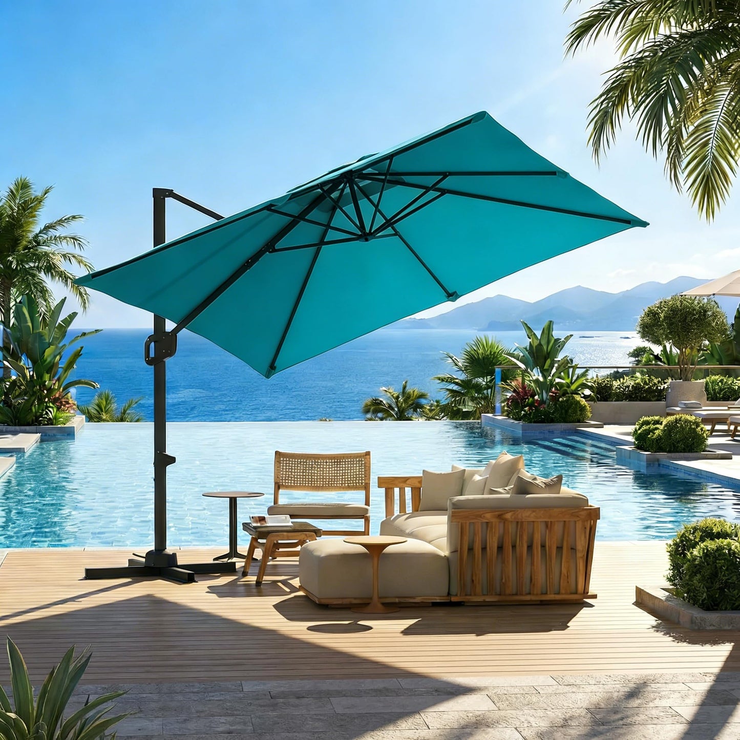 GarveeLife Large Cantilever Patio Umbrella, 10 ft X 10 ft Heavy Duty Aluminum Cantilever Offset Outdoor Umbrella with 360-Degree Rotation for Backyard, Deck, Pool (Turquoise Blue)