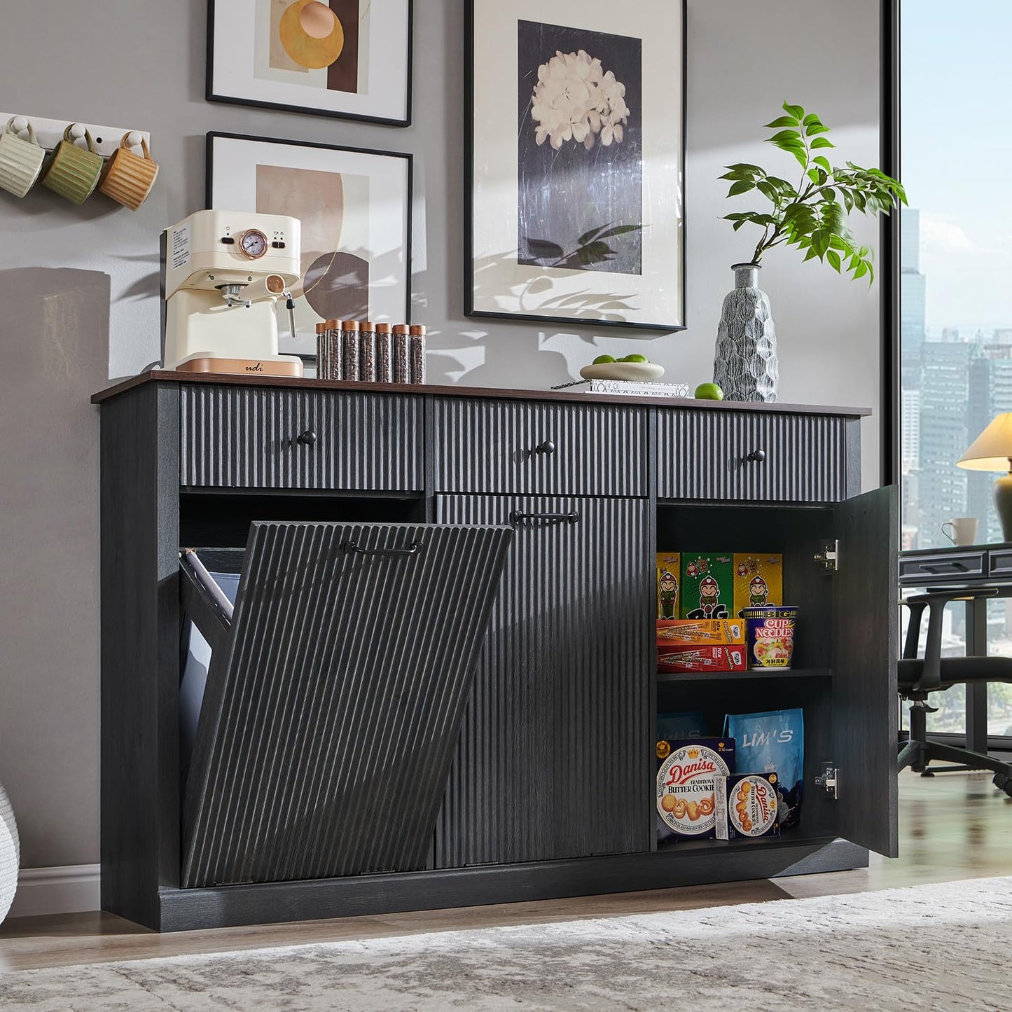 IFGET Triple Tilt Out Trash Can Cabinet, Modern Fluted Laundry Hamper Cabinet with 3 Drawers, 20 Gallon Hidden Wooden Garbage Can Cabinet w/Storage Basket & Adjustable Shelf, for Kitchen, Grey