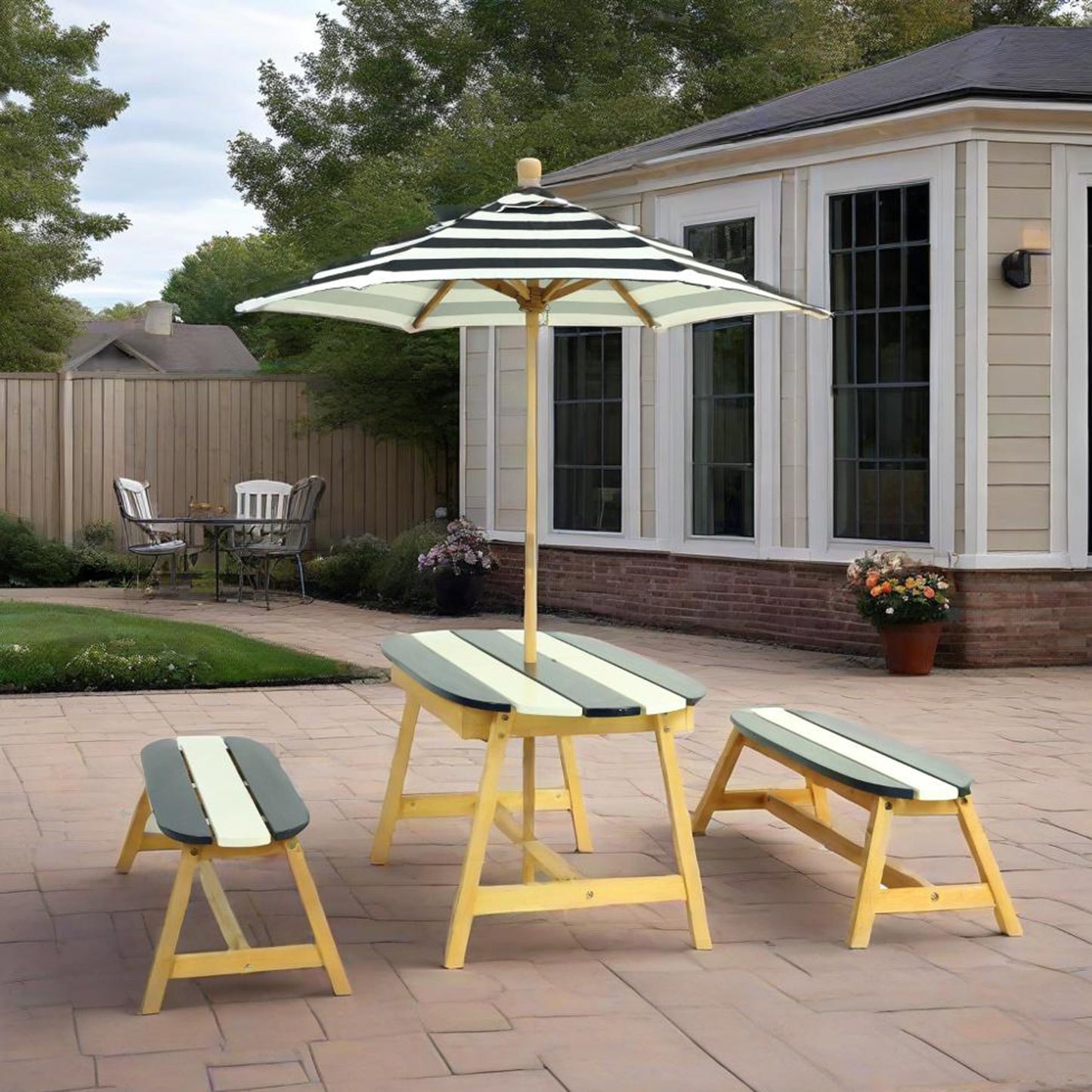 Gecheer Naturally Playful Kids Picnic Table with Umbrella – Indoor/Outdoor Wooden Table Set for 4 Children, Dark Blue, Round Corner Safety Design