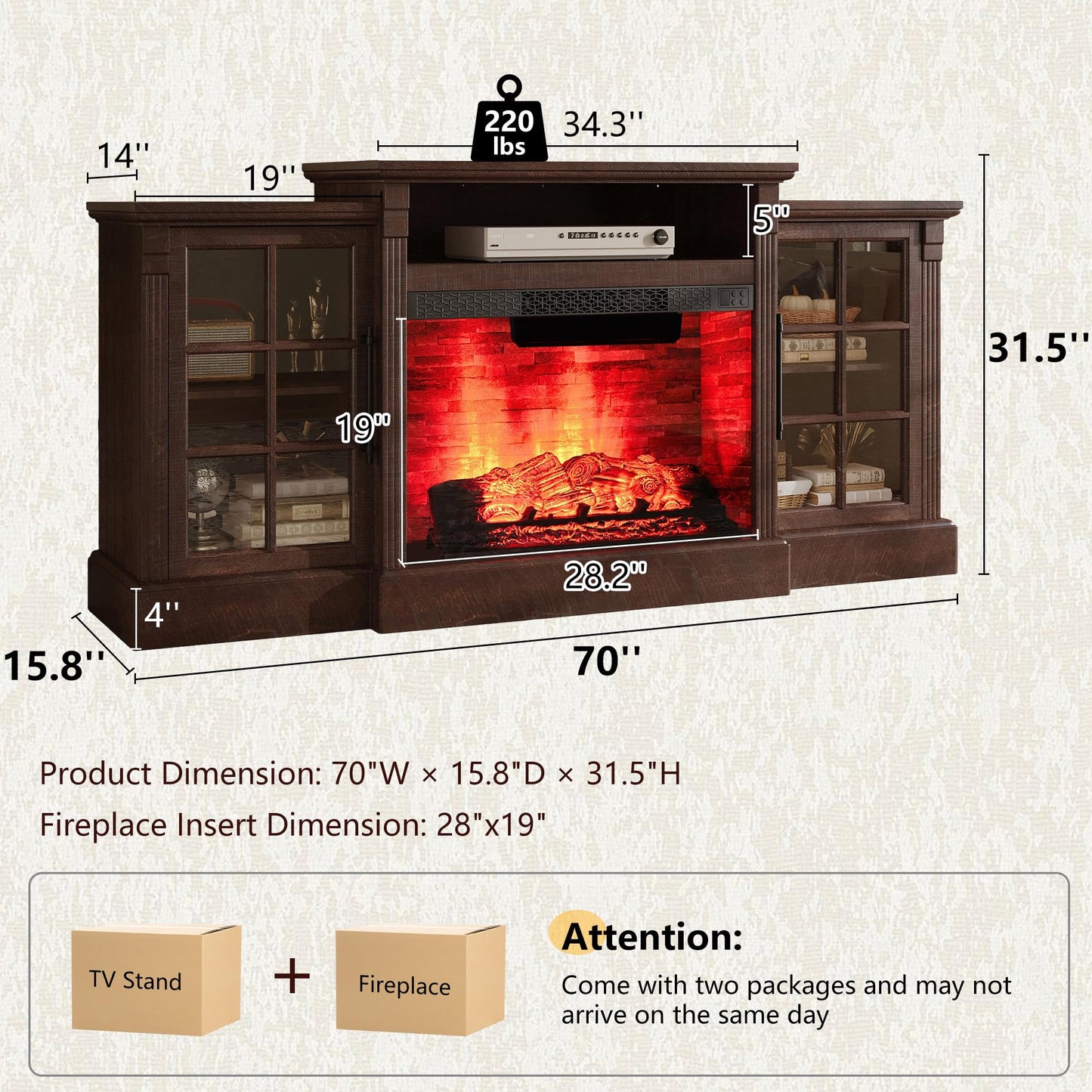 AMERLIFE 70" Farmhouse Fireplace TV Stand for TVs up to 80", Media Console with Storage Cabinets & Adjustable Shelves, Entertainment Center with 28" Electric Fireplace for Living Room, Rustic Brown