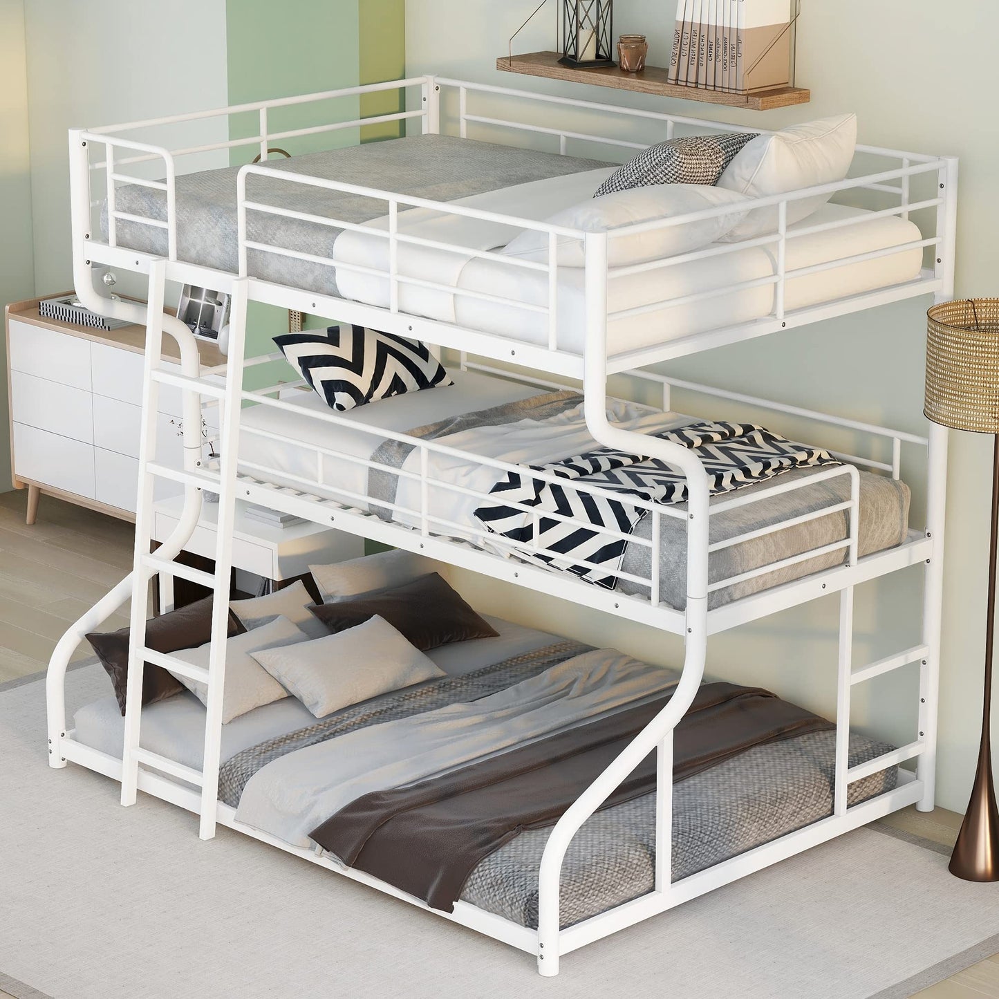 Merax Full XL Over Twin XL Over Queen Size Metal Triple Bunk Bed Frame with Ladder for Kids, Industrial Style Bunk Bed, Easy Assembly, No Box Spring Needed, for Kid's Room or Dormitory, White