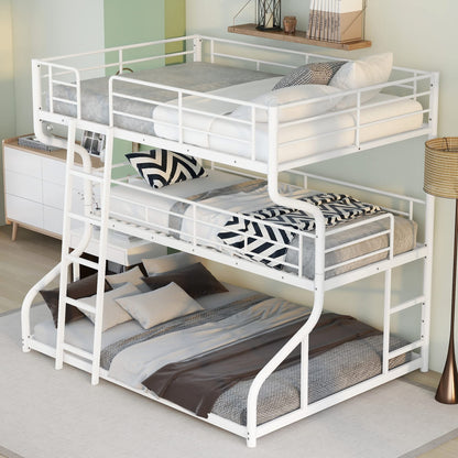 Merax Full XL Over Twin XL Over Queen Size Metal Triple Bunk Bed Frame with Ladder for Kids, Industrial Style Bunk Bed, Easy Assembly, No Box Spring Needed, for Kid's Room or Dormitory, White