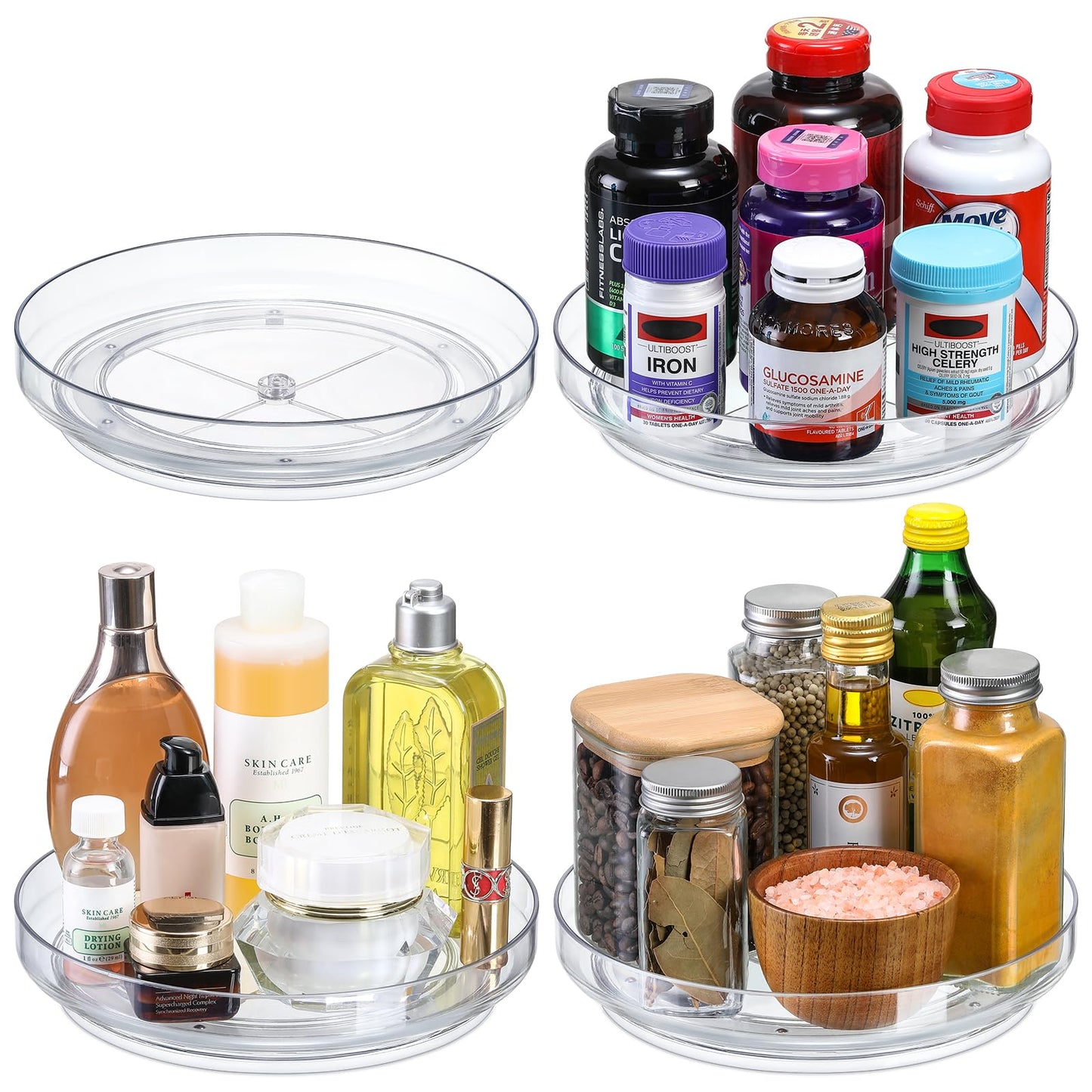 4 Pack 9 Inch Clear Acrylic Lazy Susan, Non-Skid Turntable Organizer for Cabinet, Kitchen, Pantry Organization Storage, Refrigerator, Vanity Makeup, Bathroom Countertop Organizing, Rotating Spice Rack