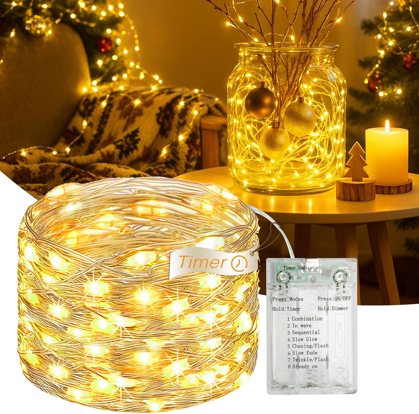 16FT 50 8 LED Fairy Lights Battery Operated with Timer, Modes USB Mini Twinkle Light, Small String Lights for Tree