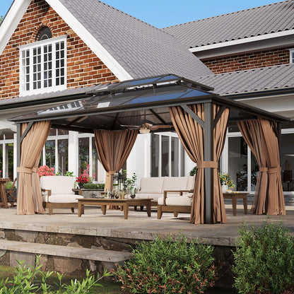 Aoxun 12'x16' Hardtop Gazebo, Outdoor Metal Gazebo with Double Polycarbonate Roof Canopy, Permanent Pavilion with Netting and Curtains for Lawn, Garden, Patio (Khaki)