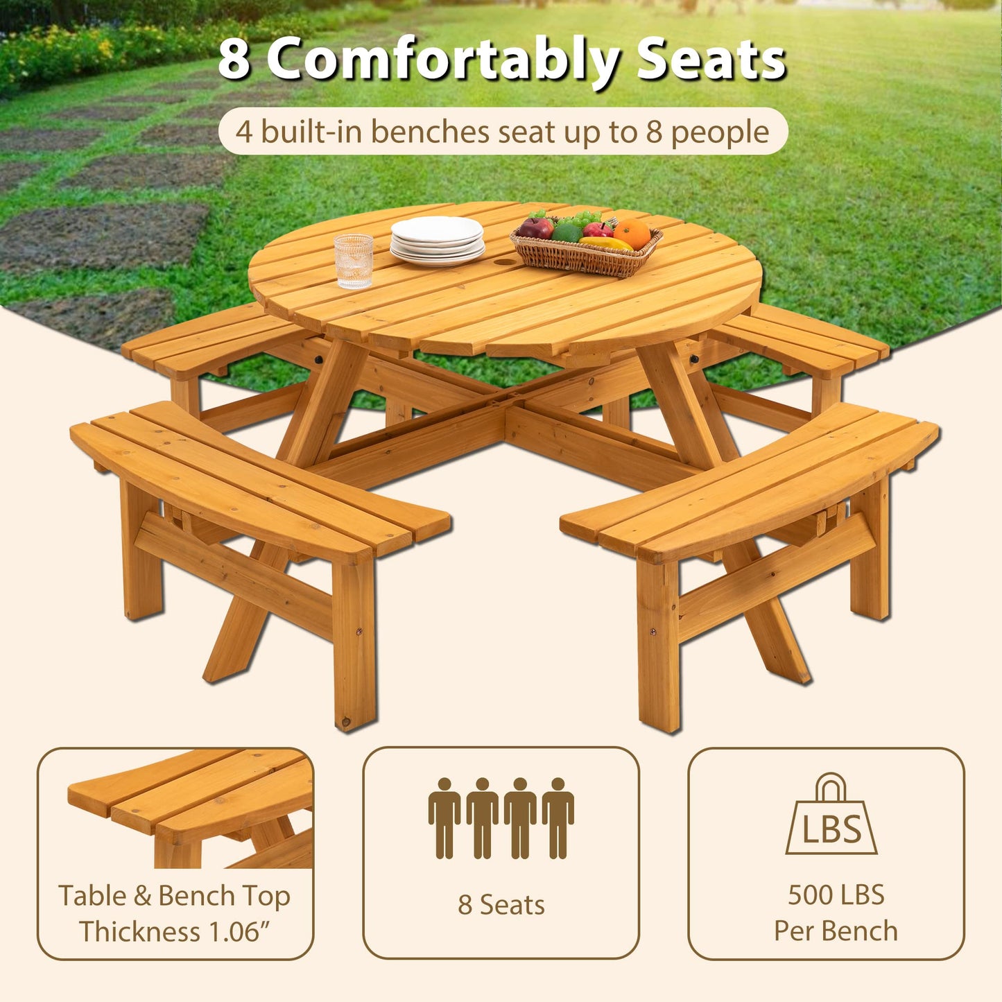 VroomAuto 8 Person Picnic Table Set with Benches, Solid Fir Wood Outdoor Dining Set, 43.3 Inch Round Table and 4 Foldable Benches for Patio Garden Camping, Natural Finish