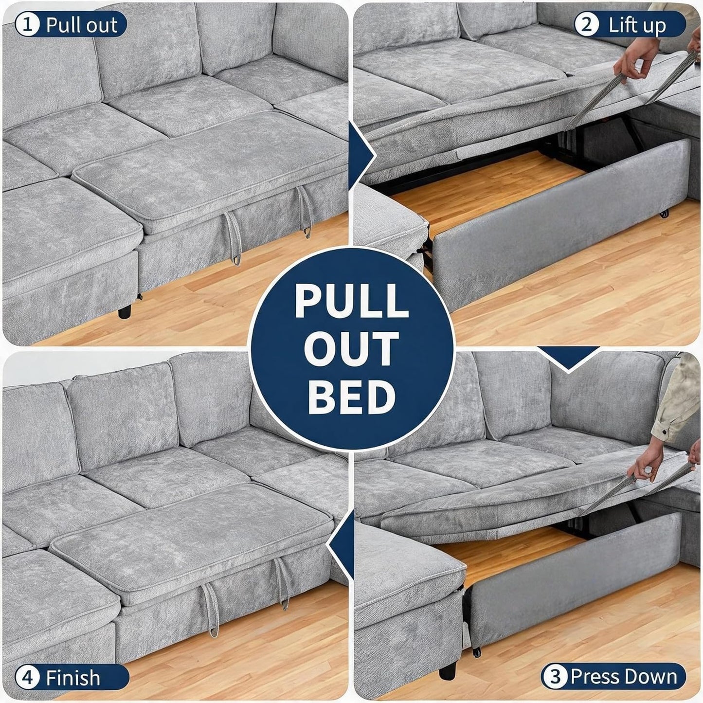 Modular Sectional Sleeper Sofa with Pull Out Bed, 116" Large U Shaped 7 Seater Sectional Couches with Ottoman, Charging Port & Foldable Side Table, Comfy Chenille Cloud Sofas for Living Room, Grey