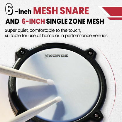 Xkorce Electronic Drum Set Electric Drum Kit with 4 Quiet Mesh Pads and 6" Kick Drum, 360 Sounds, Headphones, Sticks, Dual Bluetooth function, Suit for Beginner