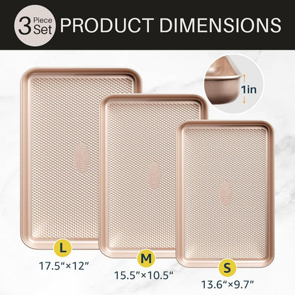 3Pcs Nonstick Baking Sheet Pan Set by [Brand Name] - Heavy Duty Carbon Steel Cookie Sheets | Gold Finish