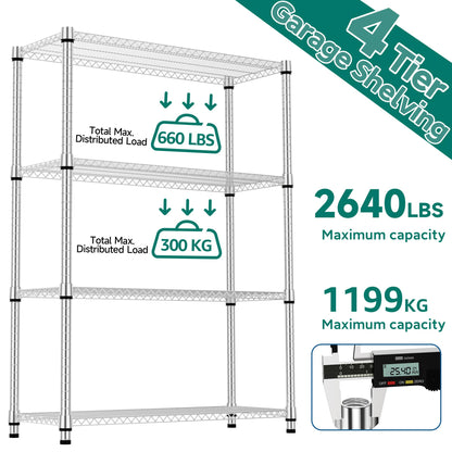 M MZG 4 Tiers Shelf Metal Storage Shelves 2640 lbs Steel Storage Shelving Utility Shelving Unit Steel Organizer Wire Rack for Home,Kitchen,Office,Garage Chrome 17.7" D x 47.2" W x 70.3" H