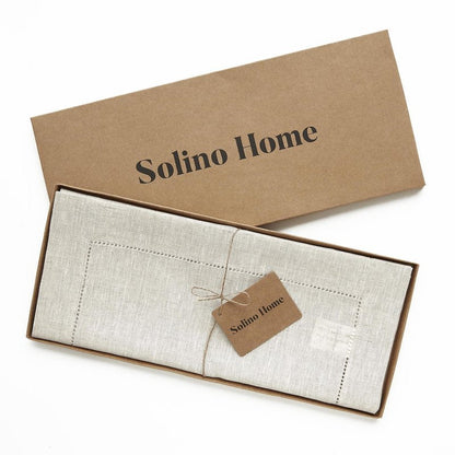 Solino Home Linen Light Natural Table Runner 108 Inches Long - 100% Pure Linen 16 x 108 Inch Table Runner for Spring, Summer, Mothers Day - Classic Hemstitch