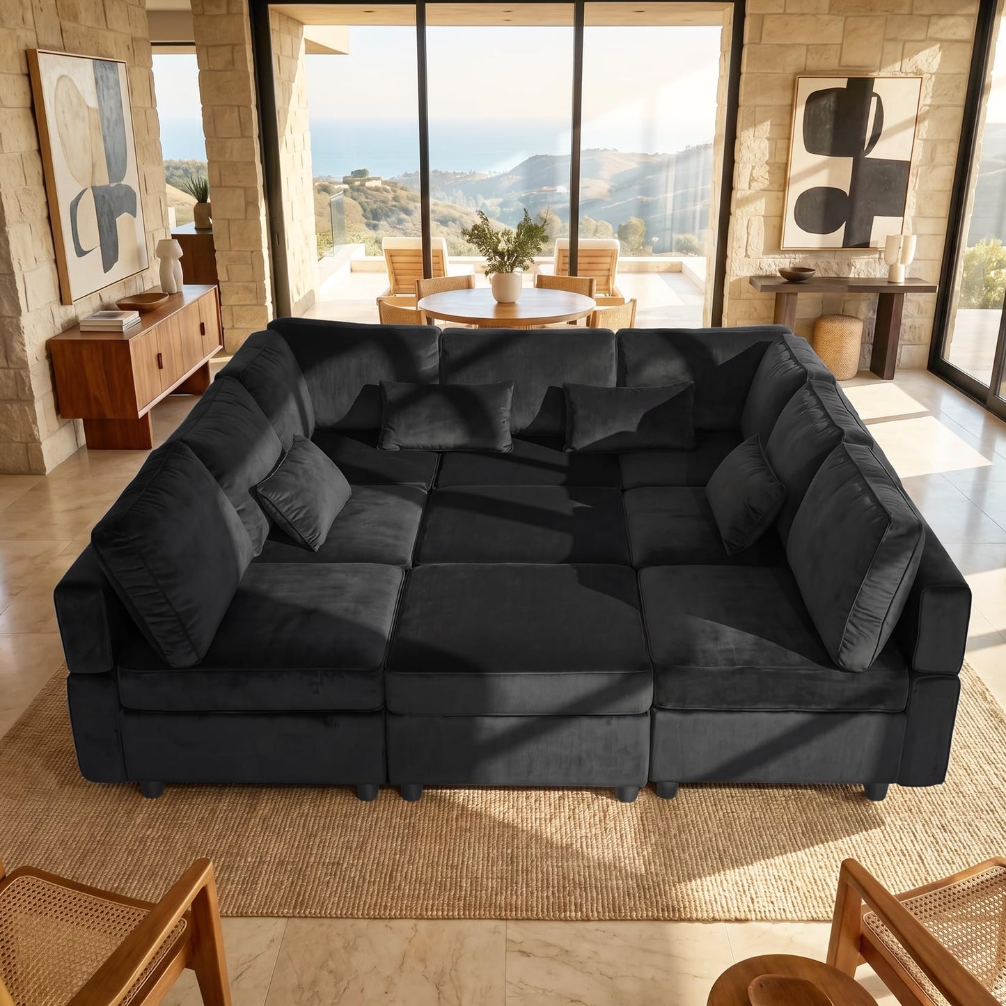 Vesgantti Modular Sofa Bed with Storage, 92" Sleeper Sofas with 9 Seats Storage Chaises Removable Cover, Luxury Large Velvet Sectional Couch Set for Living Room, Apartment, Home Theater, Black